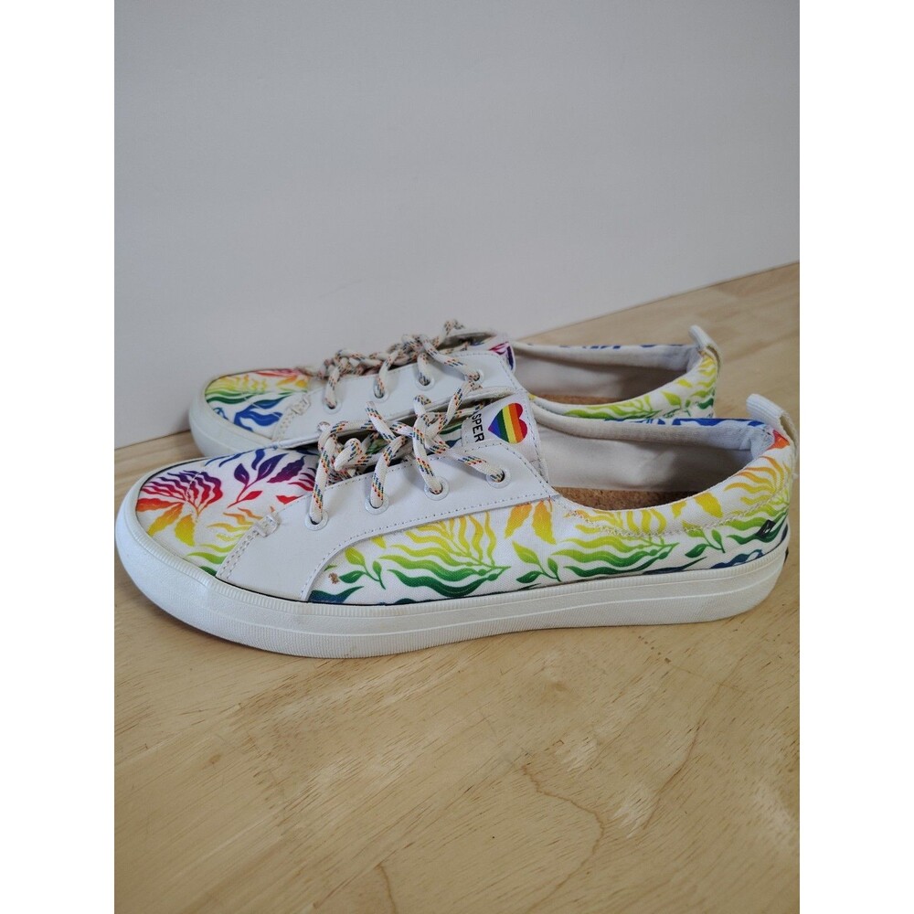 SPERRY Canvas Boat Shoes size 9.5 Floral White Rainbow Peace Love Colorful